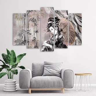 Leinwandbild 5 teilig, Geisha und Bambus 