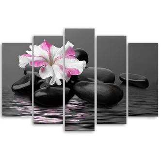 Leinwandbild 5 teilig, Steine Rosa Blume Zen 
