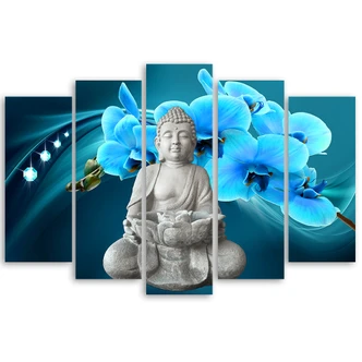 Leinwandbild 5 teilig, Buddha Zen Orchidee Türkis 