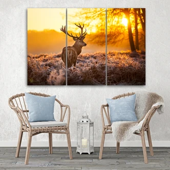 3-delige canvas print, herten bos zonsondergang 