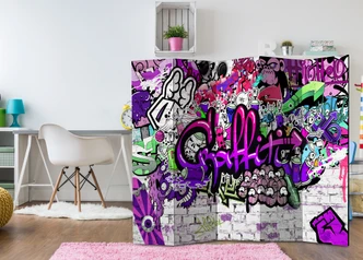 Paravent, Raumteiler freistehend, Trennwand -  Lila Graffiti, 5-teilig - 225x172 cm 