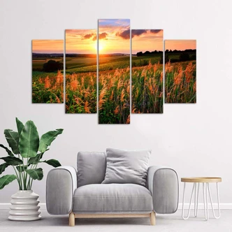 Leinwandbild 5 teilig, Sonnenuntergang Blumen Wiese 