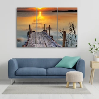 Leinwandbild 3-teilig, Sonnenuntergang Steg See Natur 