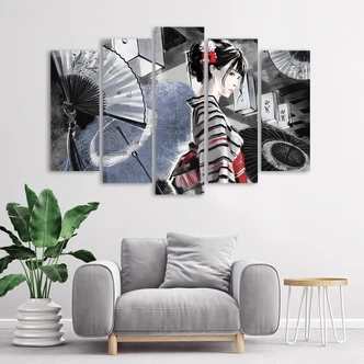 Leinwandbild 5 teilig, Geisha mit einem Fan 
