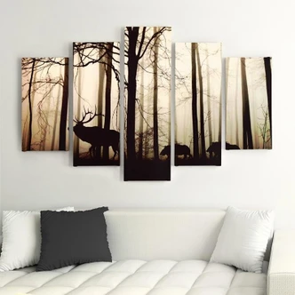 Leinwandbild 5 teilig, Hirsche Wald Tier Natur 