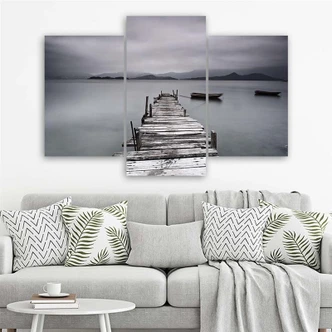 Impression sur toile en 3 parties, Steg See Natur Grau 