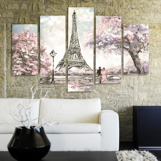 Leinwandbild 5 teilig, Pariser Eiffelturm Pastellfarben 