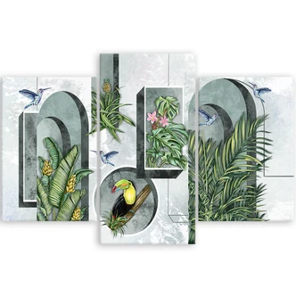 Leinwandbild 3 teilig, Formen in der Wand mit Pflanzen und Vögeln Toucan Koliber 