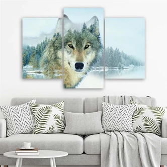 Leinwandbild 3-teilig, Wolf Wald Berge Natur 