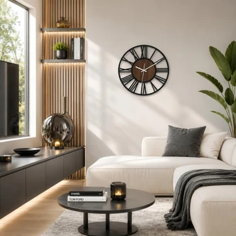 Design wandklok Hout & Staal met walnoot hout look en Romeinse cijfers Ø40 cm Design wandklok Hout & Staal met walnoot hout look en Romeinse cijfers Ø40 cm