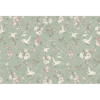 Vogel-Tapete im Asia-Stil - Kraniche im Kirschblüten-Rausch Grün - Bloomery Decor Vogel-Tapete im Asia-Stil - Kraniche im Kirschblüten-Rausch Grün - Bloomery Decor