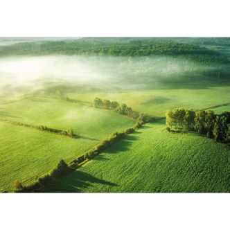 Fototapete Landschaft - Idyllische Felder im Nebel | Wohnzimmer Tapete - Keller 