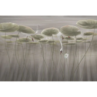 Natuur Fotobehang lotusbloemen met zwaan in het water in grijs - Ms Tiff 