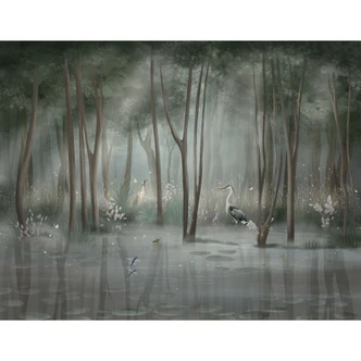 Fototapete Nebelwald am See mit Reiher in Grün - Ms Tiff 