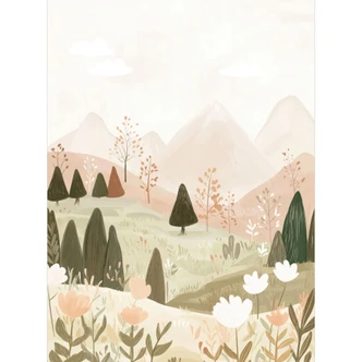 Kinderzimmer Fototapete Pastell Berglandschaft mit Blumen - Treechild 