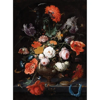 Fototapete Mignon - Stillleben mit Blumen und einer Uhr 