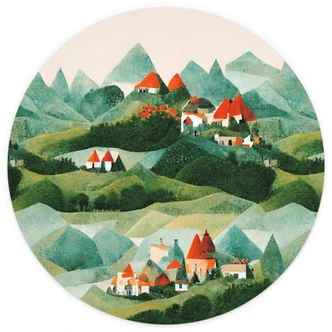 Kinderzimmer Fototapete Treechild - Kleines Dorf inmitten grüner Hügel - Rund - Selbstklebend/Vlies 