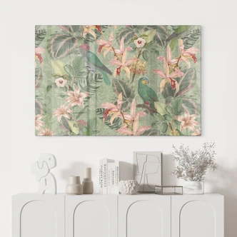 Glasbild Dschungel mit Papageien Grün - Bloomery Decor 