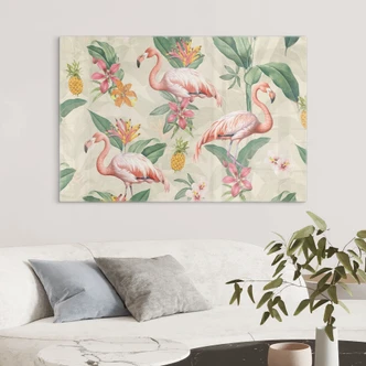 Glasbild Flamingo und tropische Blätter - Bloomery Decor 