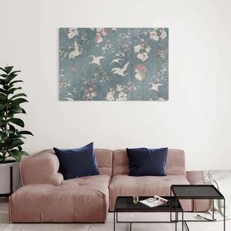 Glasbild Kraniche im Kirschblüten-Rausch Blau - Bloomery Decor 