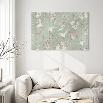 Glasbild Kraniche im Kirschblüten-Rausch Grün - Bloomery Decor Glasbild Kraniche im Kirschblüten-Rausch Grün - Bloomery Decor