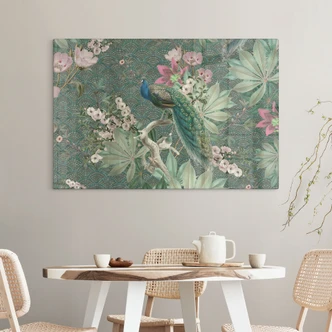 Glasbild Pfau im Tropengarten auf Mosaik - Bloomery Decor Glasbild Pfau im Tropengarten auf Mosaik - Bloomery Decor
