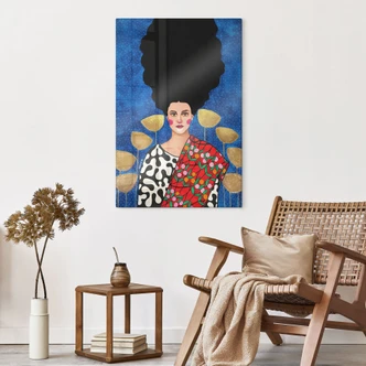 Tableau en verre Femme dans un champ avec des feuilles d'or - Hülya 