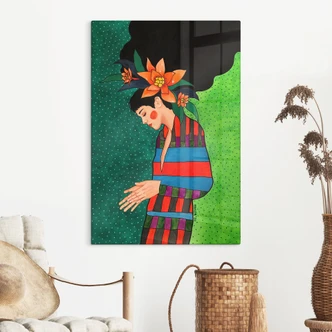 Stampa su vetro Donna in abito a righe con fiori arancioni - Hülya 