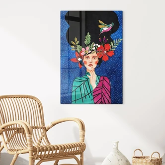 Glasbild Frau mit Kolibri in der Sternennacht - Hülya 