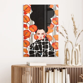 Glasbild Frau mit Retro-Mohnblumen - Hülya 