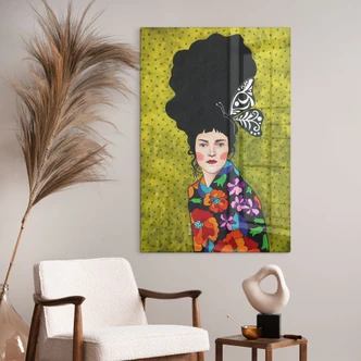 Tableau en verre Femme avec un papillon dans les cheveux - Hülya 