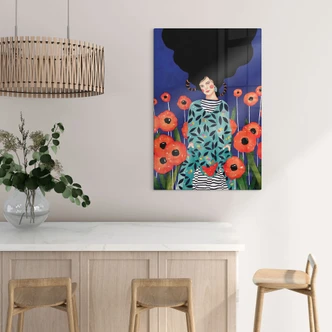 Tableau en verre Portrait dans un champ de coquelicots - Hülya 