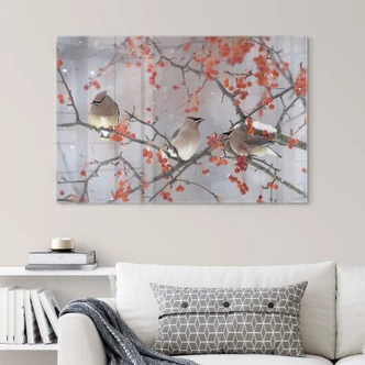 Tableau sur verre Li - Trois oiseaux dans un paysage d'hiver 