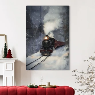 Tableau en verre Locomotive à vapeur dans la forêt enneigée - Melloi Art Prints 