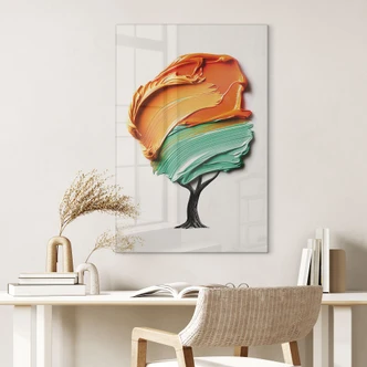 Glasschilderijen Boom met oranje en groene 3D-kroon - Mielu Glasschilderijen Boom met oranje en groene 3D-kroon - Mielu