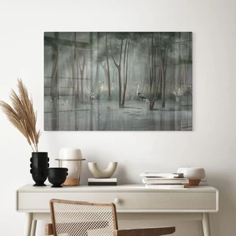 Glasbild Nebelwald am See mit Reiher in Grün - Ms Tiff 