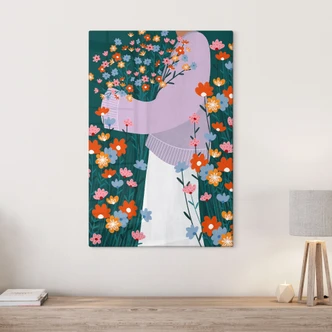 Glasbild Frau im bunten Blumengarten - Müller 