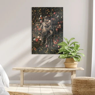 Glasschilderij Astronauten op een bloemenweide - Nicebleed 