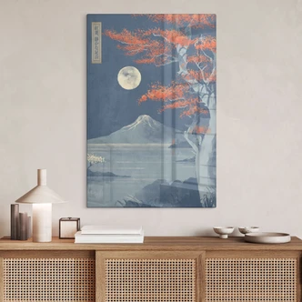 Tableau en verre Pleine lune sur le sommet du Fuji-san | Paysage japonais - Roze 