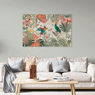 Tableau sur verre Jungle exotique avec perroquets - UN Designs 