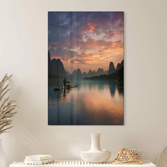 Tableau sur verre Zhang - paysage fluvial asiatique au crépuscule 