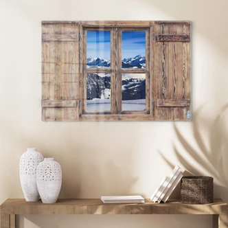 Glasbild 3D Holzfenster - Alpenpanorama 