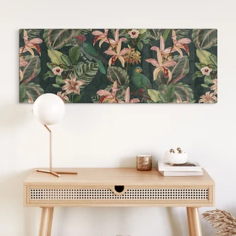 Glasbild Dschungel mit Papageien Nachtgrün - Bloomery Decor - Panorama 