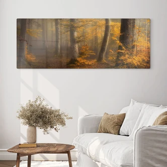 Tableau en verre Feuilles d'or dans la forêt brumeuse - Maier - Panorama 