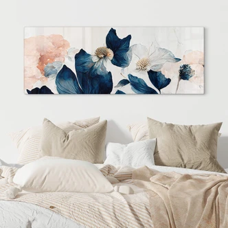 Glasbild Treechild - Blütenträume in Blau und Zartrosa - Panorama 