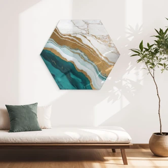 Zeshoek Wanddecoratie Marmeren rivier van goud en jade - Alpenglow Workshop - Alu-Dibond 