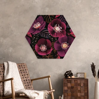 Zeshoek Wanddecoratie Bloemen in paarse tinten - Anijs illustratie - aluminium dibond Zeshoek Wanddecoratie Bloemen in paarse tinten - Anijs illustratie - aluminium dibond