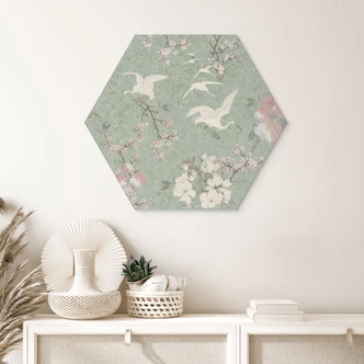 Zeshoek Wanddecoratie Kraanvogels in Kersenbloesem Rush Green - Bloemdecoratie - Aluminium Dibond Zeshoek Wanddecoratie Kraanvogels in Kersenbloesem Rush Green - Bloemdecoratie - Aluminium Dibond