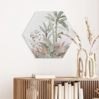 Wanddecoratie tropische idylle met blauwe kolibrie - Bloemdecor - Alu-Dibond 