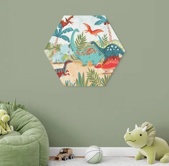 Zeshoekige muurschildering Kleurrijke dinosaurussen in het oerbos - Bonne Müller - Alu-Dibond 